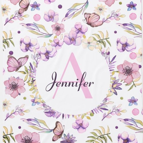 Cute Watercolor Flowers Pink Girly Custom Name Baby Blanket