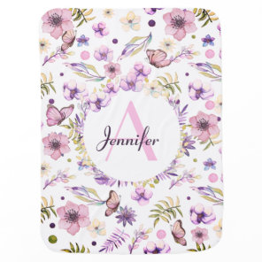 Cute Watercolor Flowers Pink Girly Custom Name Baby Blanket