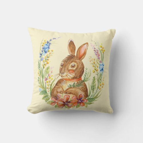 Cute watercolor fluffy rabbit with flowers outdoor pillow