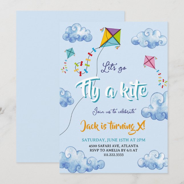 Cute Watercolor Flying Kites Birthday Invitation (Front/Back)