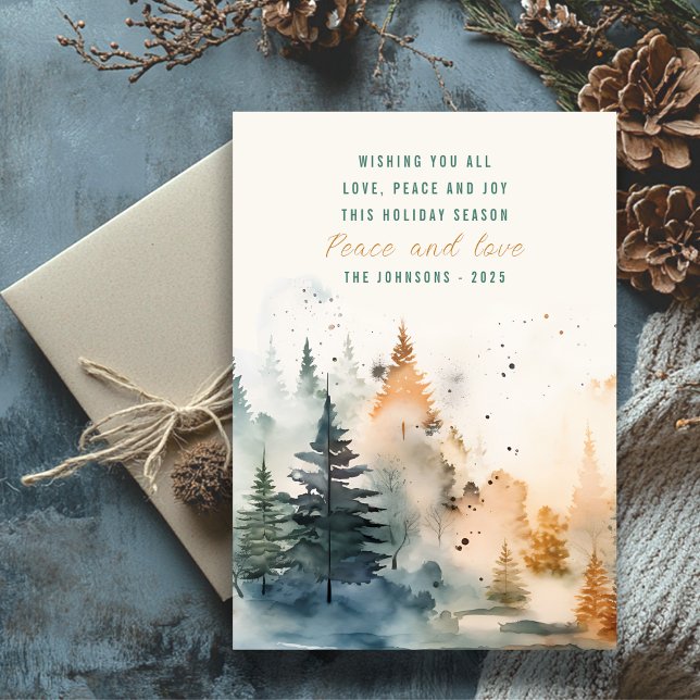 Cute watercolor foggy pine forest Christmas Holiday Card (Creator Uploaded)