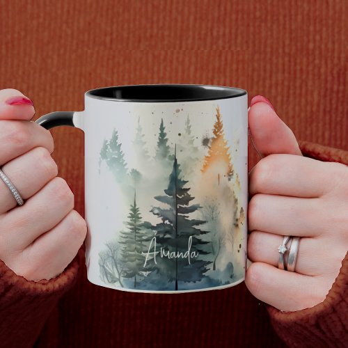 Cute watercolor foggy pine forest Christmas  Mug