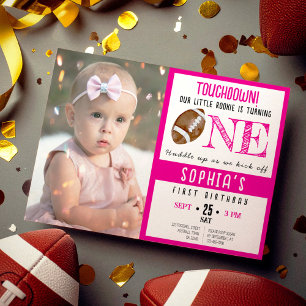 Cute Watercolor Football Photo Girl 1st Birthday Invitation