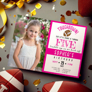 Cute Watercolor Football Photo Girl Birthday Invitation