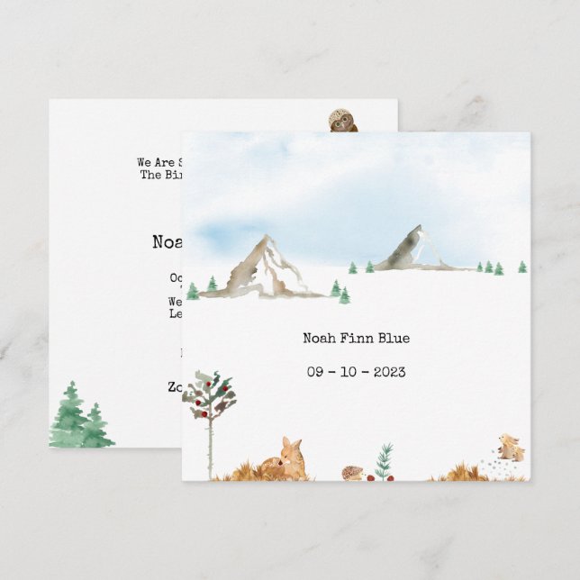 Cute Watercolor Forest Animals in Mountains Baby Invitation (Front/Back)