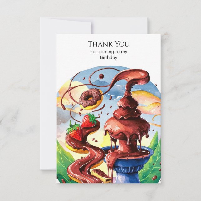 Cute Watercolor Fountain Chocolate Birthday Thank You Card (Front)
