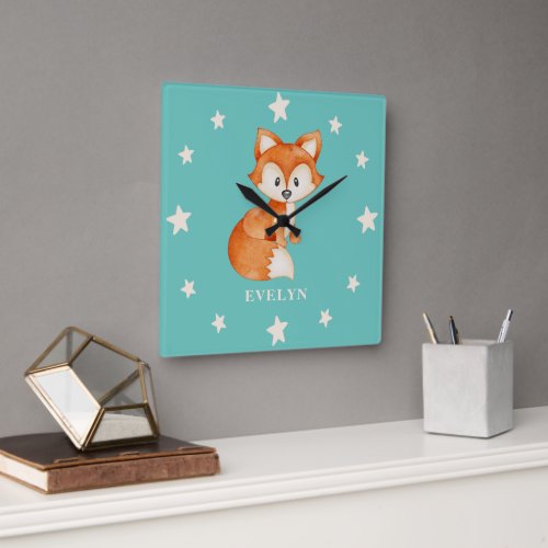 Cute Watercolor Fox and Stars Girls Square Wall Clock