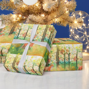 Cute Watercolor Fox Animal Autumn Fall Leaves Wrapping Paper