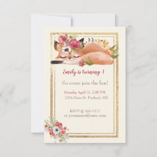 Cute watercolor fox baby birthday party invitation