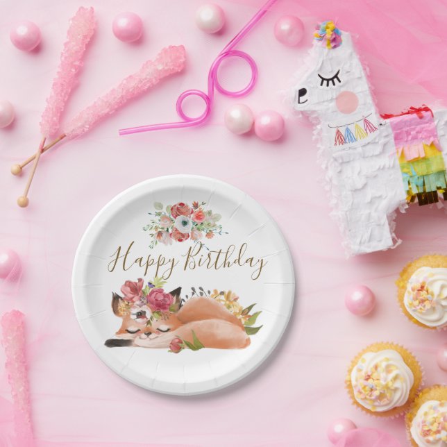 Cute watercolor fox baby birthday party paper plates (Party)