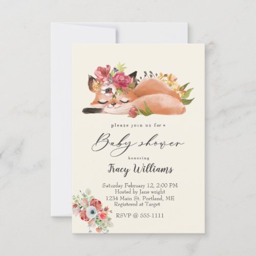 Cute watercolor fox baby shower invitation