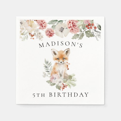 Cute Watercolor Fox Birthday Party Napkins