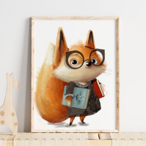 Cute Watercolor Fox Book Student  Fox Wall Print