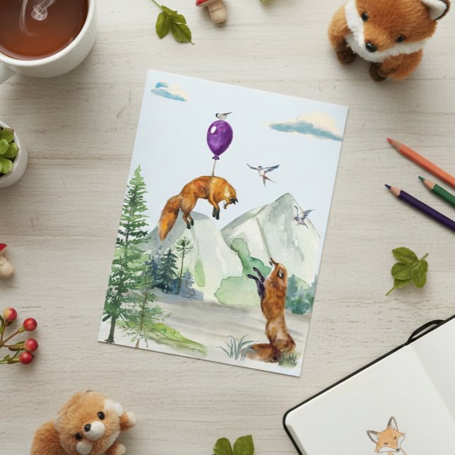 Cute Watercolor Fox Fly Away Forest Scene  Postcard (Creator Uploaded)
