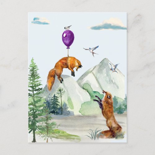 Cute Watercolor Fox Fly Away Forest Scene  Postcard