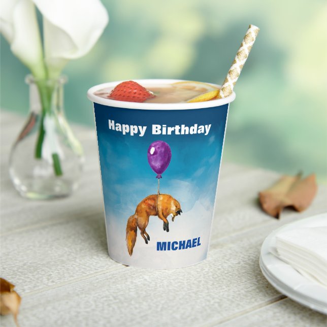 Cute Watercolor Fox happy Birthday Personalized  Paper Cups (Insitu)