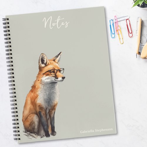 Cute Watercolor Fox in Glasses Custom Name Notebook