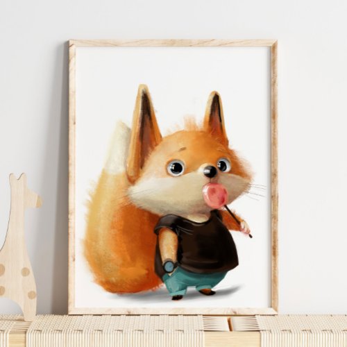 Cute Watercolor Fox Lollipop  Fox Wall Print 