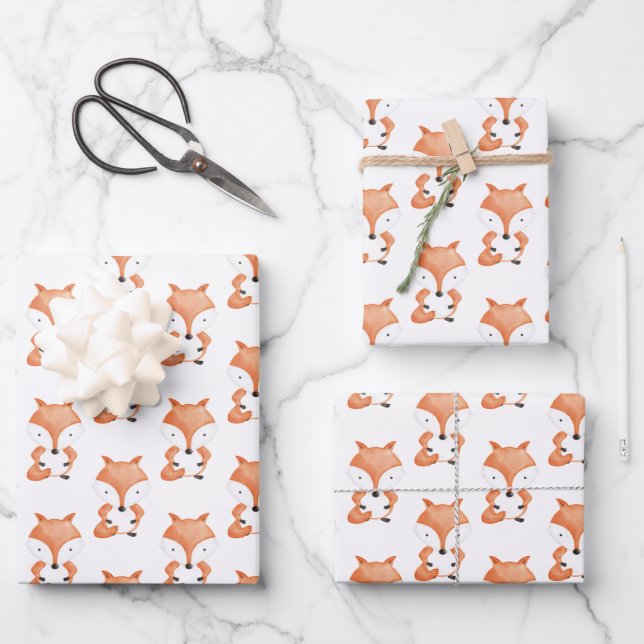 Cute Watercolor Fox Pattern Animal Wrapping Paper Sheets (Front)