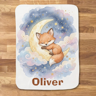 Cute Watercolor Fox Sleeping on Crescent Moon Baby Blanket