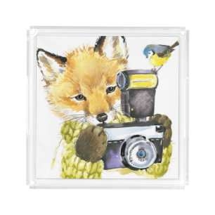 Cute Watercolor Fox Taking Pictures Acrylic Tray
