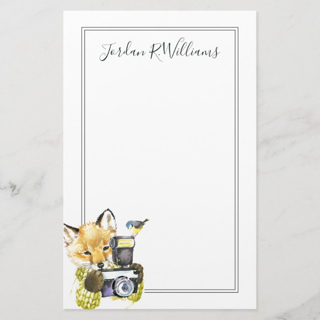 Cute Watercolor Fox Taking Pictures | Add Name Stationery (Front)
