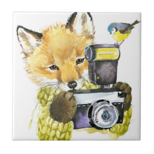 Cute Watercolor Fox Taking Pictures Ceramic Tile