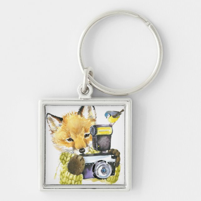 Cute Watercolor Fox Taking Pictures Keychain (Front)