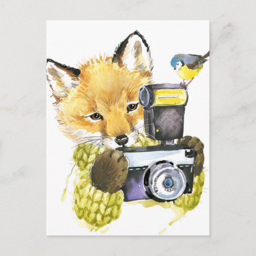 Cute Watercolor Fox Taking Pictures Postcard