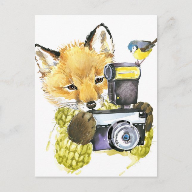 Cute Watercolor Fox Taking Pictures Postcard (Front)