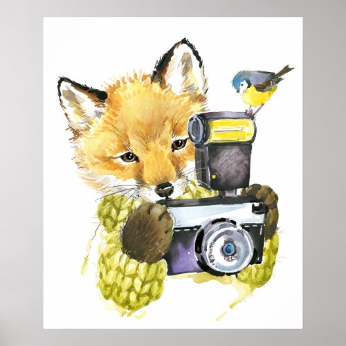 Cute Watercolor Fox Taking Pictures Poster