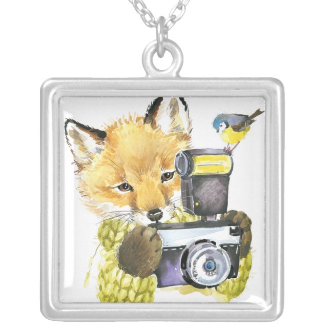 Cute Watercolor Fox Taking Pictures Silver Plated Necklace (Front)