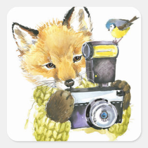 Cute Watercolor Fox Taking Pictures Square Sticker