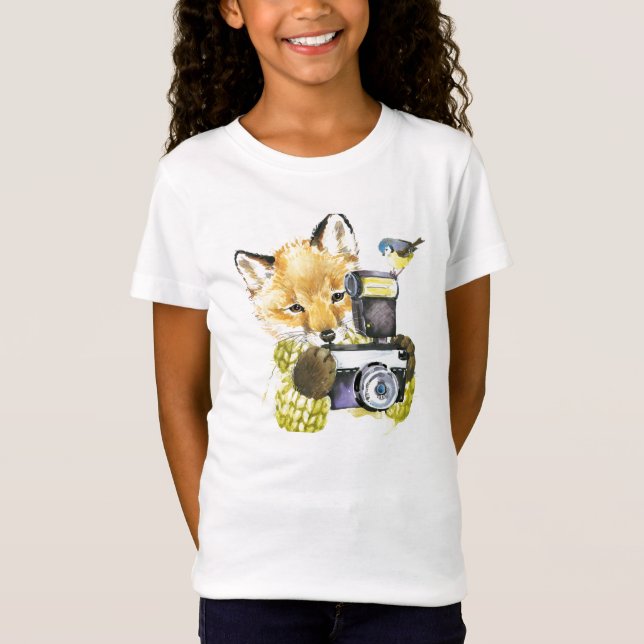 Cute Watercolor Fox Taking Pictures T-Shirt (Front)