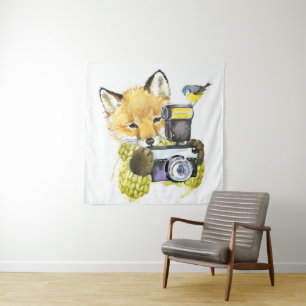 Cute Watercolor Fox Taking Pictures Tapestry