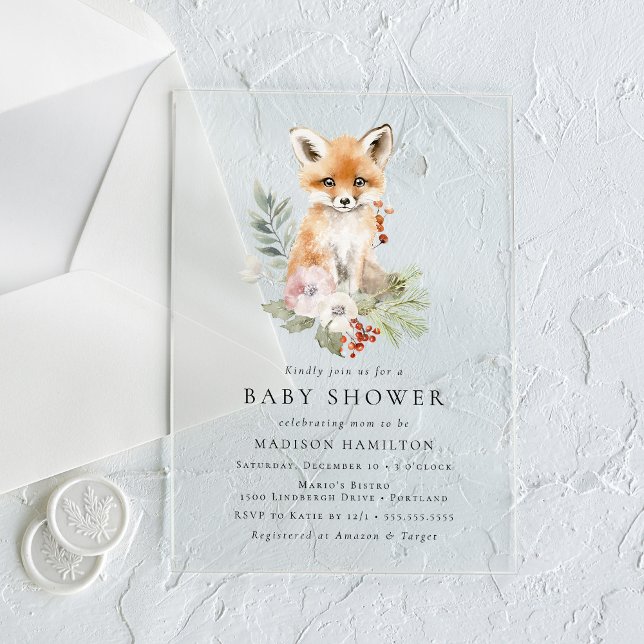 Cute Watercolor Fox Winter Baby Shower Acrylic Invitations (Creator Uploaded)