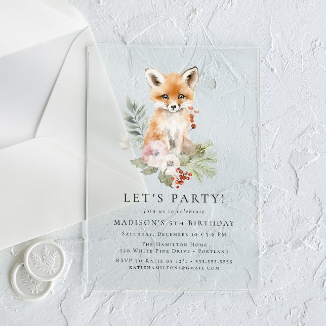 Cute Watercolor Fox Winter Birthday Party Acrylic Invitations (Creator Uploaded)