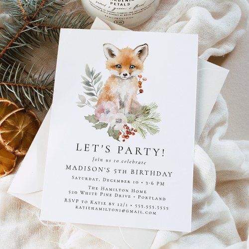 Cute Watercolor Fox Winter Birthday Party Invitation