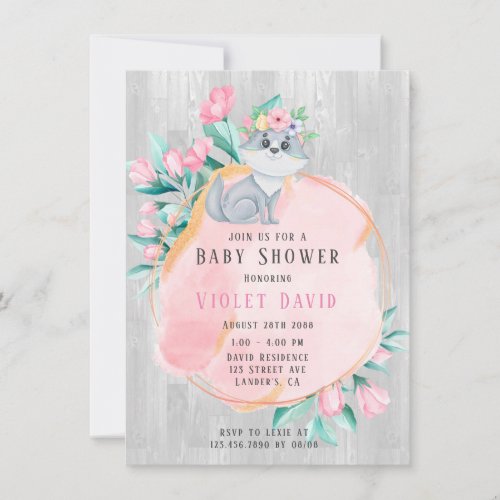 Cute Watercolor Fox with Florals Girl Baby Shower Invitation