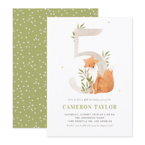 Cute Watercolor Fox Woodland Fifth Birthday Party Invitation