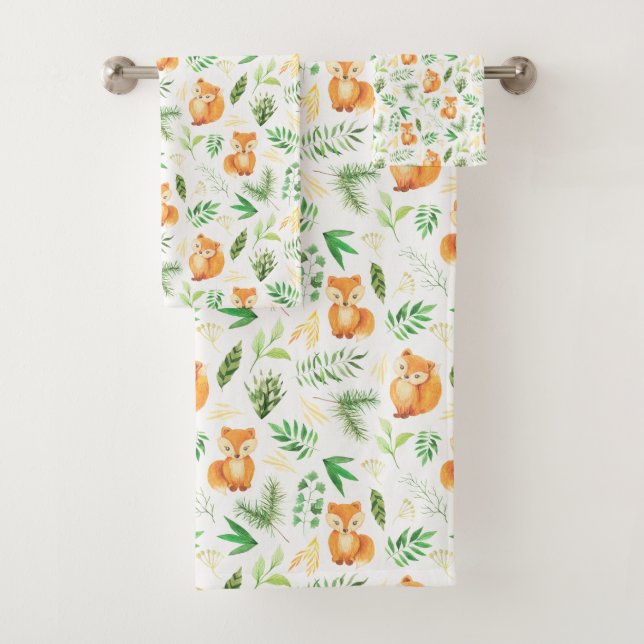 Cute Watercolor Foxes and Green Leaves Bath Towel Set (Insitu)