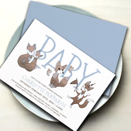 Cute Watercolor Foxes Blue Boy Baby Shower Invitation