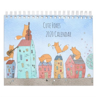 Cute Watercolor Foxes Illustration Monthly Calendar