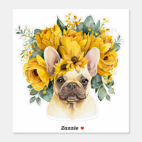Cute watercolor French bulldog with yellow flowers Sticker