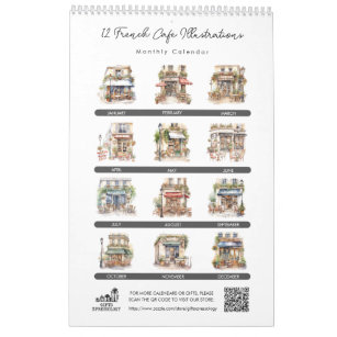 Cute Watercolor French Cafe Paris Bistro Monthly Calendar