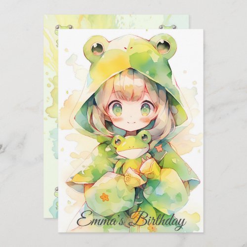 Cute watercolor frog girl birthday invitation