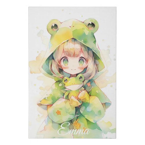 Cute watercolor frog girl faux canvas print