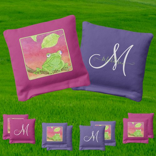  Cute Watercolor Frog Monogrammed Initial Name Cornhole Bags