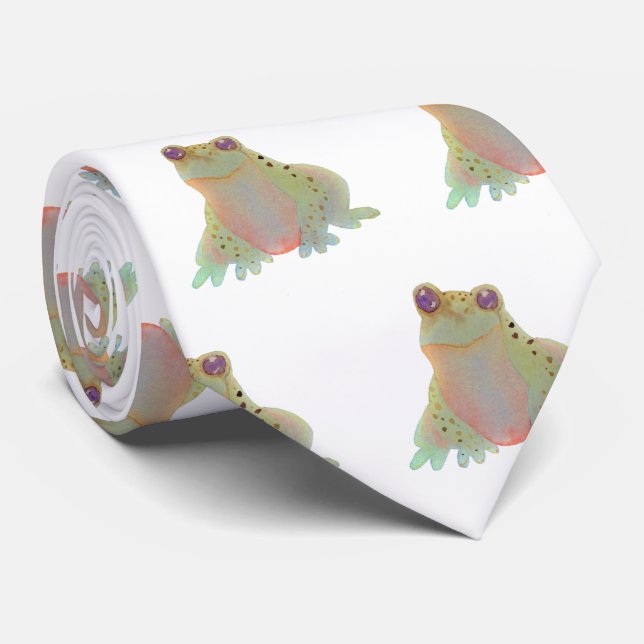 Cute Watercolor Frog Neck Tie (Rolled)