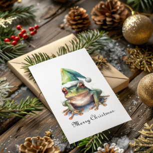 Cute Watercolor Frog Santa Hat Christmas Card
